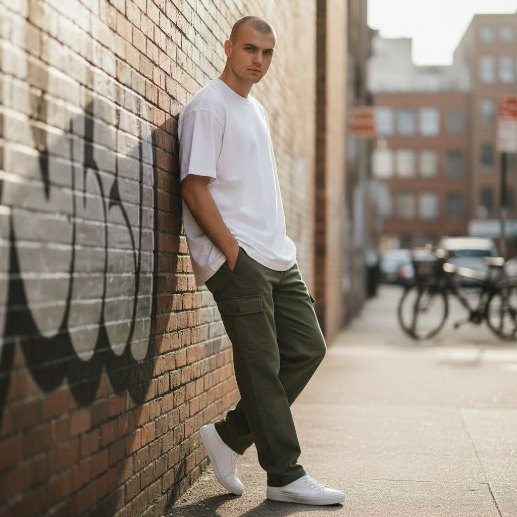 Urban Fashion & Streetwear | Craftklart men wearing olive green straight-fit cotton cargo trousers and white sneakers.