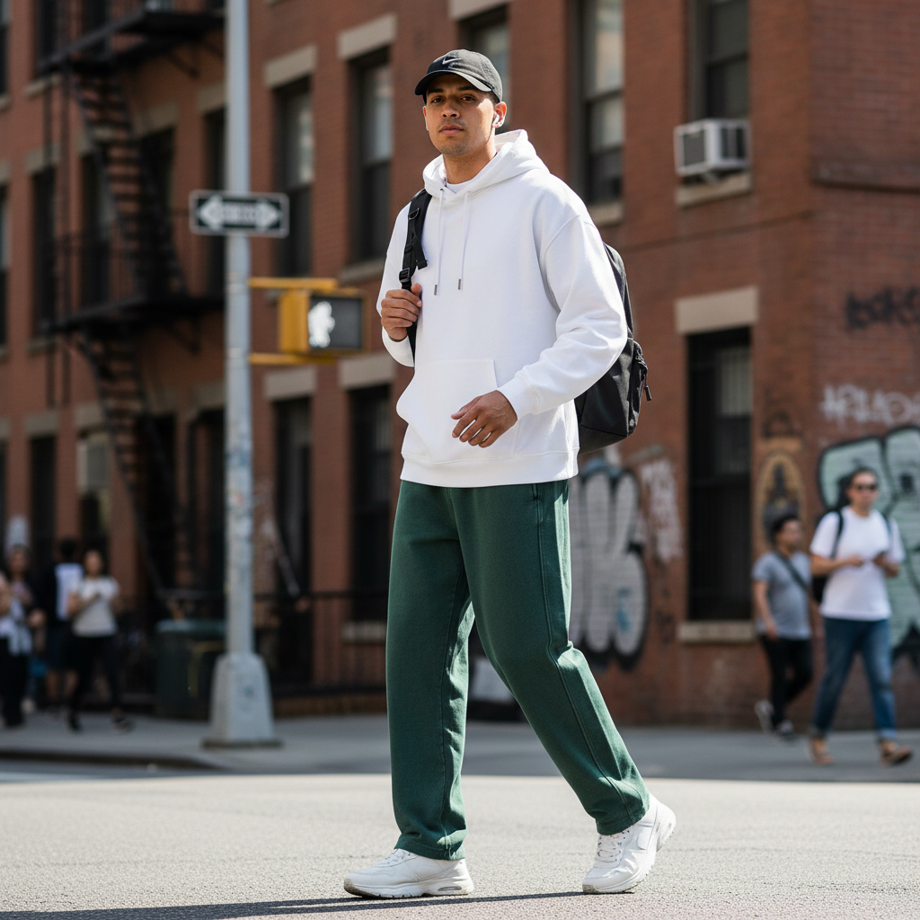 A man wearing Urban Fashion & Streetwear | Craftklart straight-leg green mineral wash cotton sweatpants in the city.