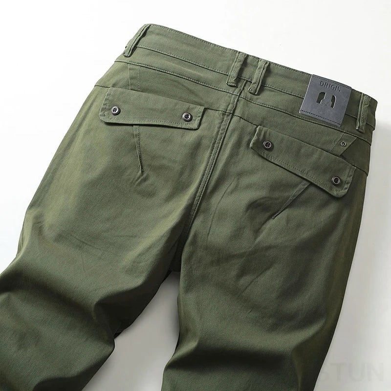 Urban Fashion & Streetwear | Craftklart green cotton straight-fit business casual trousers with buttoned back pockets