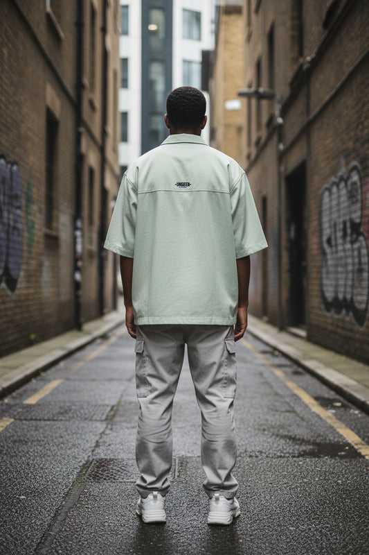 Back view of a light green Urban Fashion & Streetwear | Craftklart cotton Cuban collar t-shirt with UNSEEN logo.