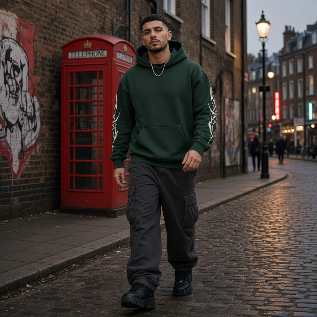 Urban Fashion & Streetwear | Craftklart dark green heavyweight hoodie with tribal sleeve graphics on a man in London