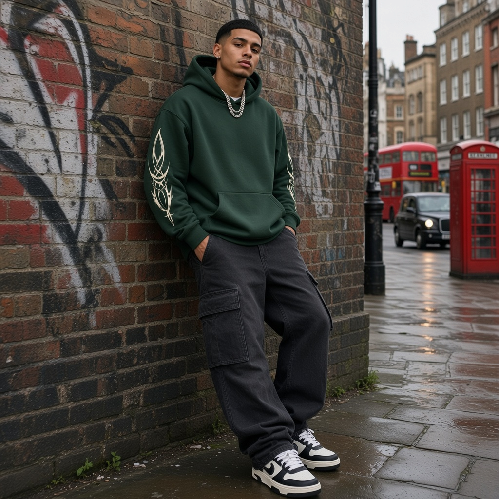 Urban Fashion & Streetwear | Craftklart dark green heavyweight hoodie with tribal sleeve graphics on a man in London