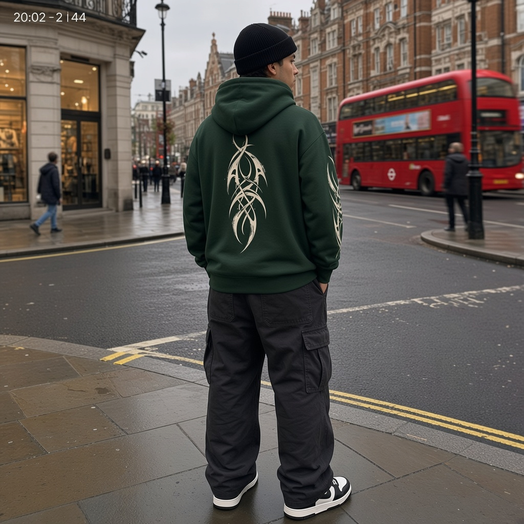 Urban Fashion & Streetwear | Craftklart dark green heavyweight hoodie with tribal sleeve and back graphic on a man