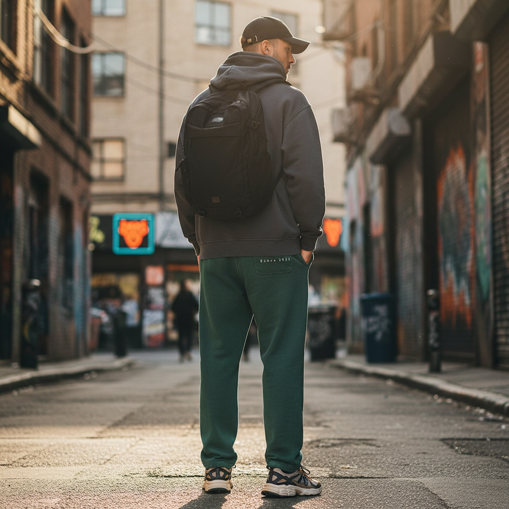 Urban Fashion & Streetwear | Craftklart unisex green mineral wash straight sweatpants worn in an urban alleyway.