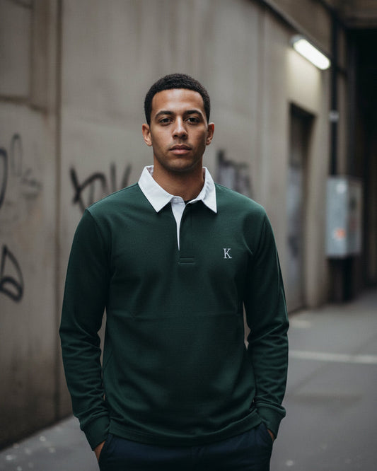 Urban Fashion & Streetwear | Craftklart long sleeve rugby shirt in dark green with a white collar and K embroidery