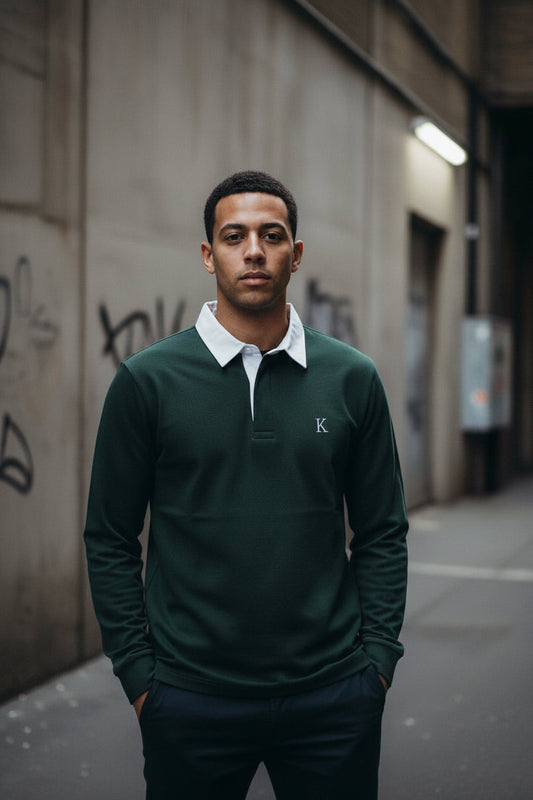 Urban Fashion & Streetwear | Craftklart long sleeve rugby shirt in dark green with a white collar and K embroidery