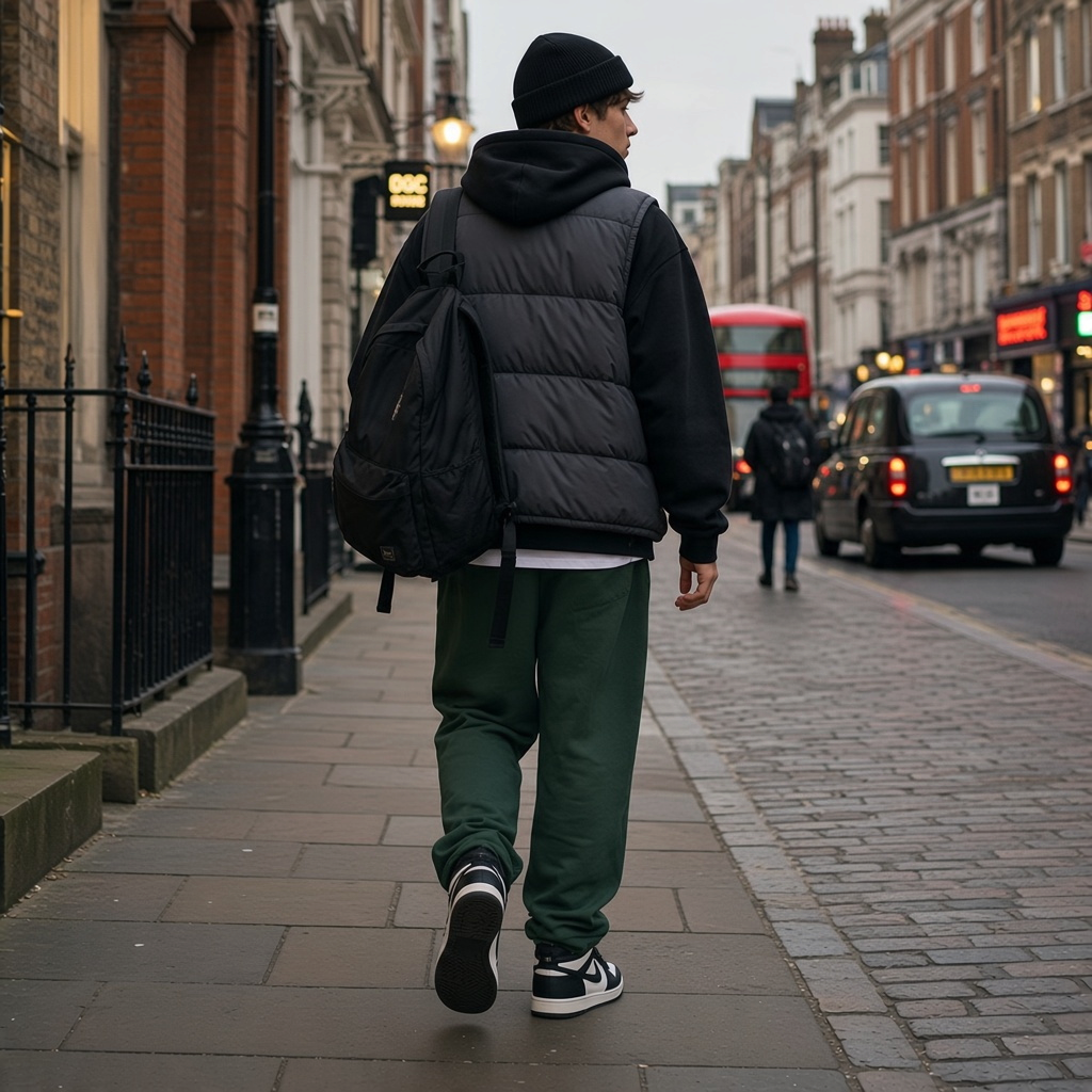 A person wearing Urban Fashion & Streetwear | Craftklart green straight-leg sweatpants walking on a city street.