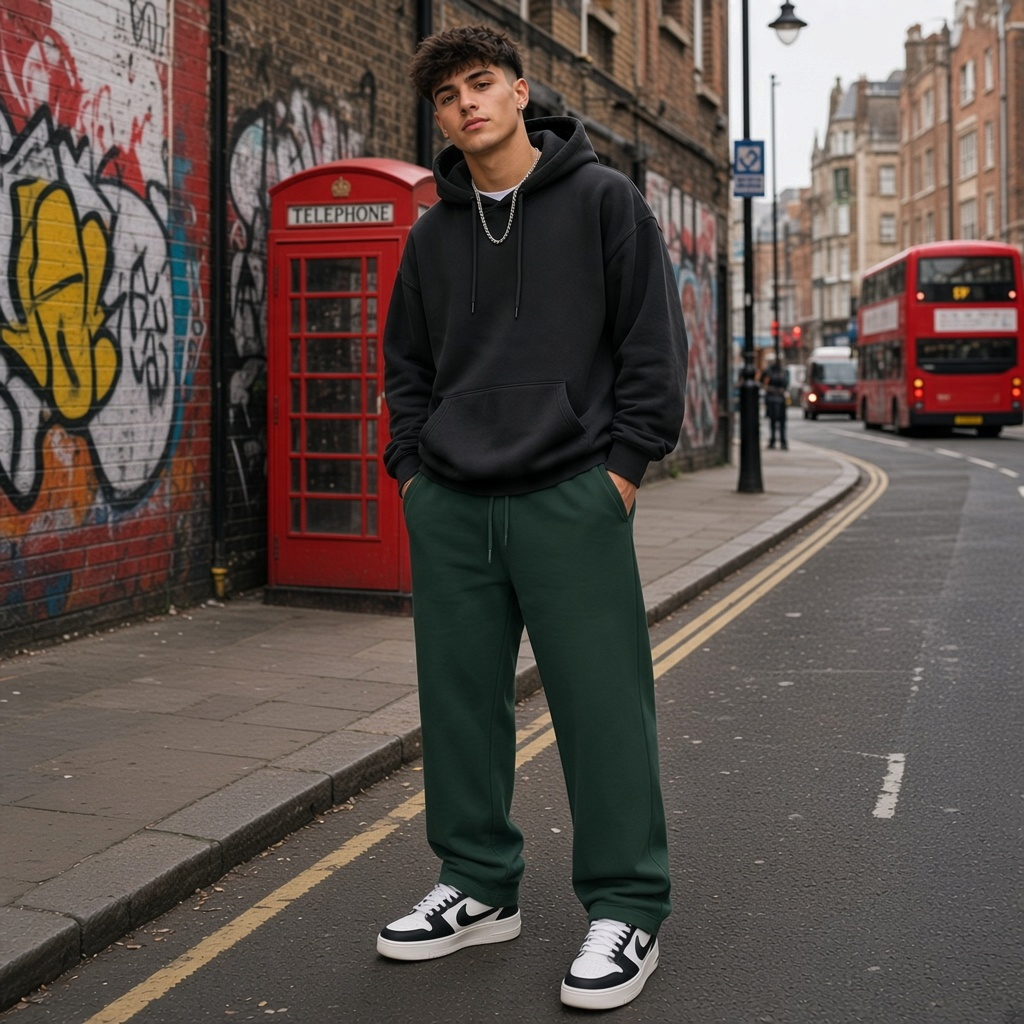 Urban Fashion & Streetwear | Craftklart straight-leg sweatpants in dark green cotton blend on a model in London.