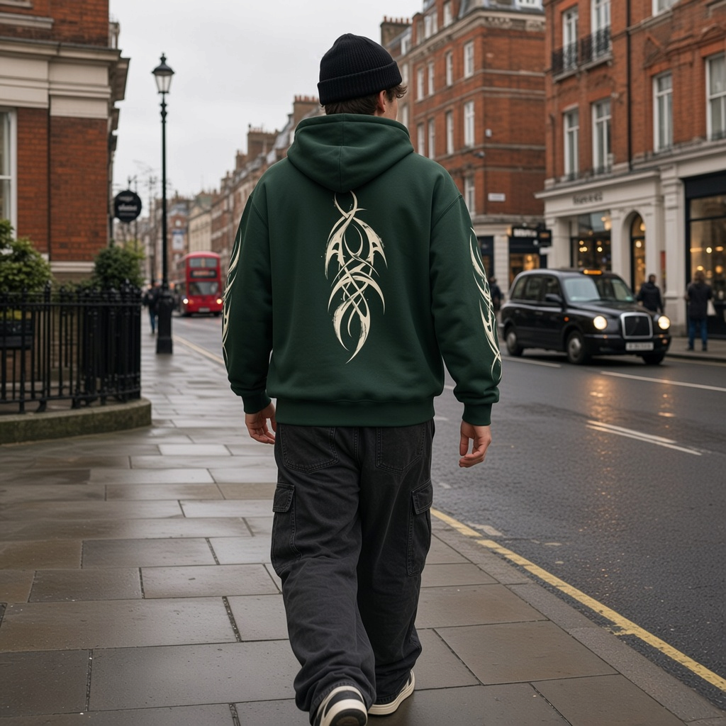 Urban Fashion & Streetwear | Craftklart dark green heavyweight hoodie with tribal back graphic worn on city street