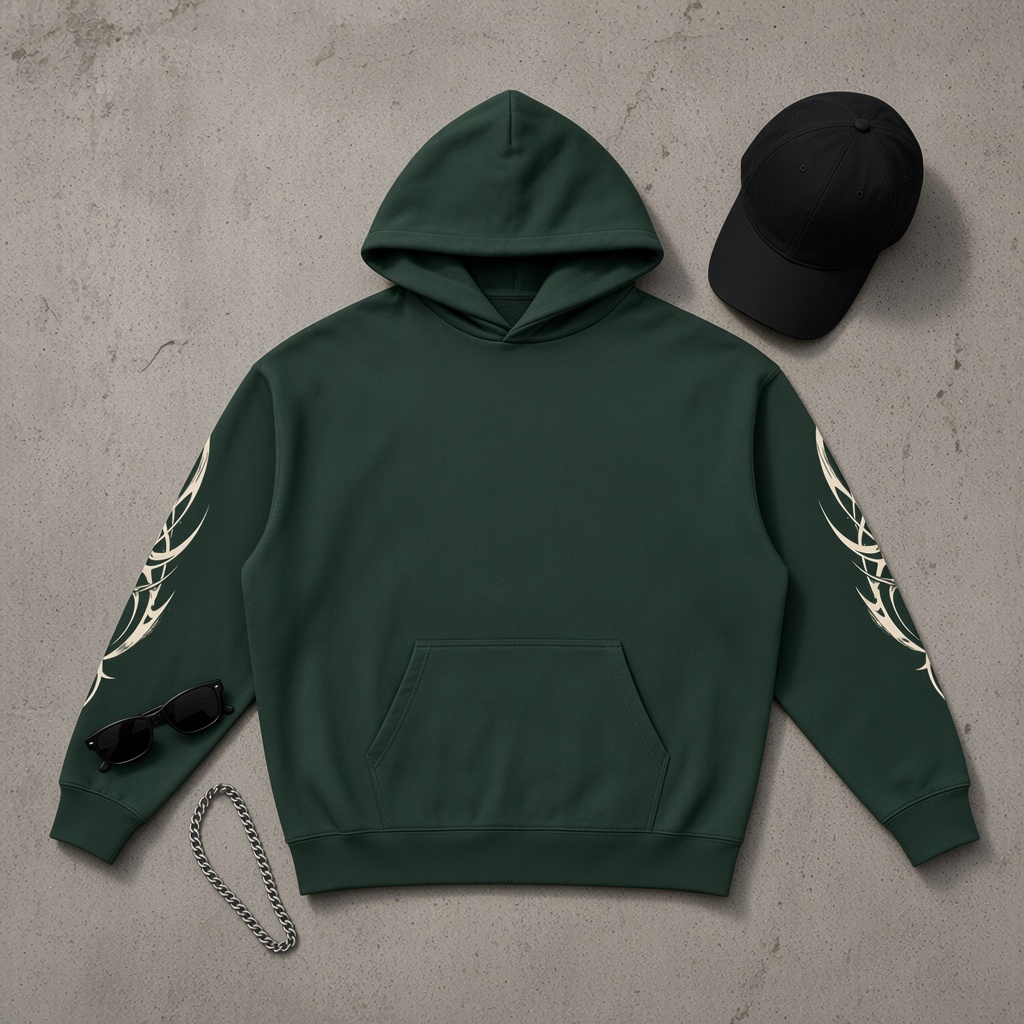 Urban Fashion & Streetwear | Craftklart dark green heavyweight hoodie with tribal sleeve graphics and kangaroo pocket