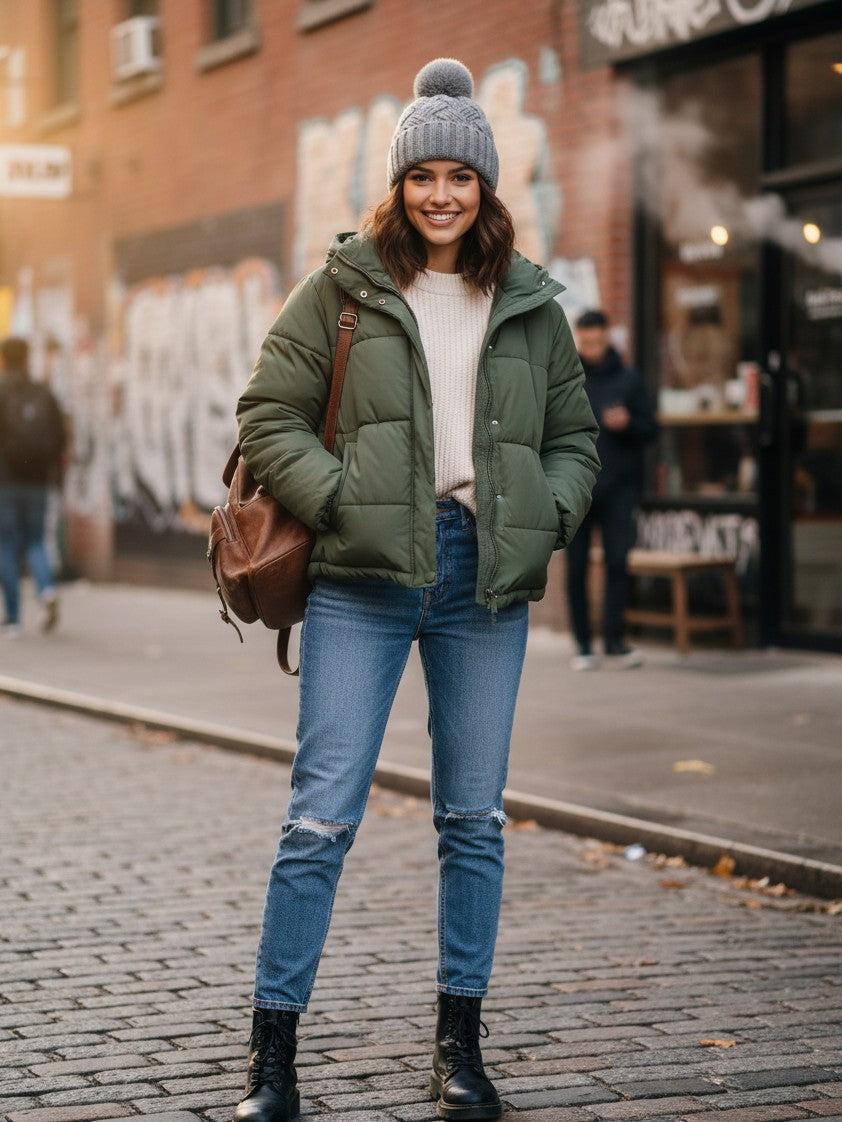 Urban Fashion & Streetwear | Craftklart grey cable-knit pom pom beanie worn by a woman in a green puffer jacket
