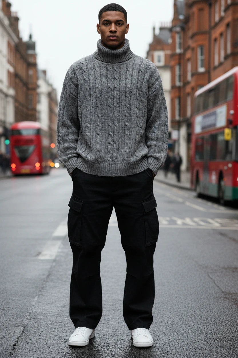 Urban Fashion & Streetwear | Craftklart grey cable knit turtleneck sweater worn by a man on a city street.