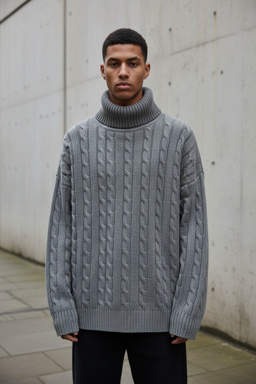 Urban Fashion & Streetwear | Craftklart grey cable knit turtleneck sweater worn by a man against a concrete wall