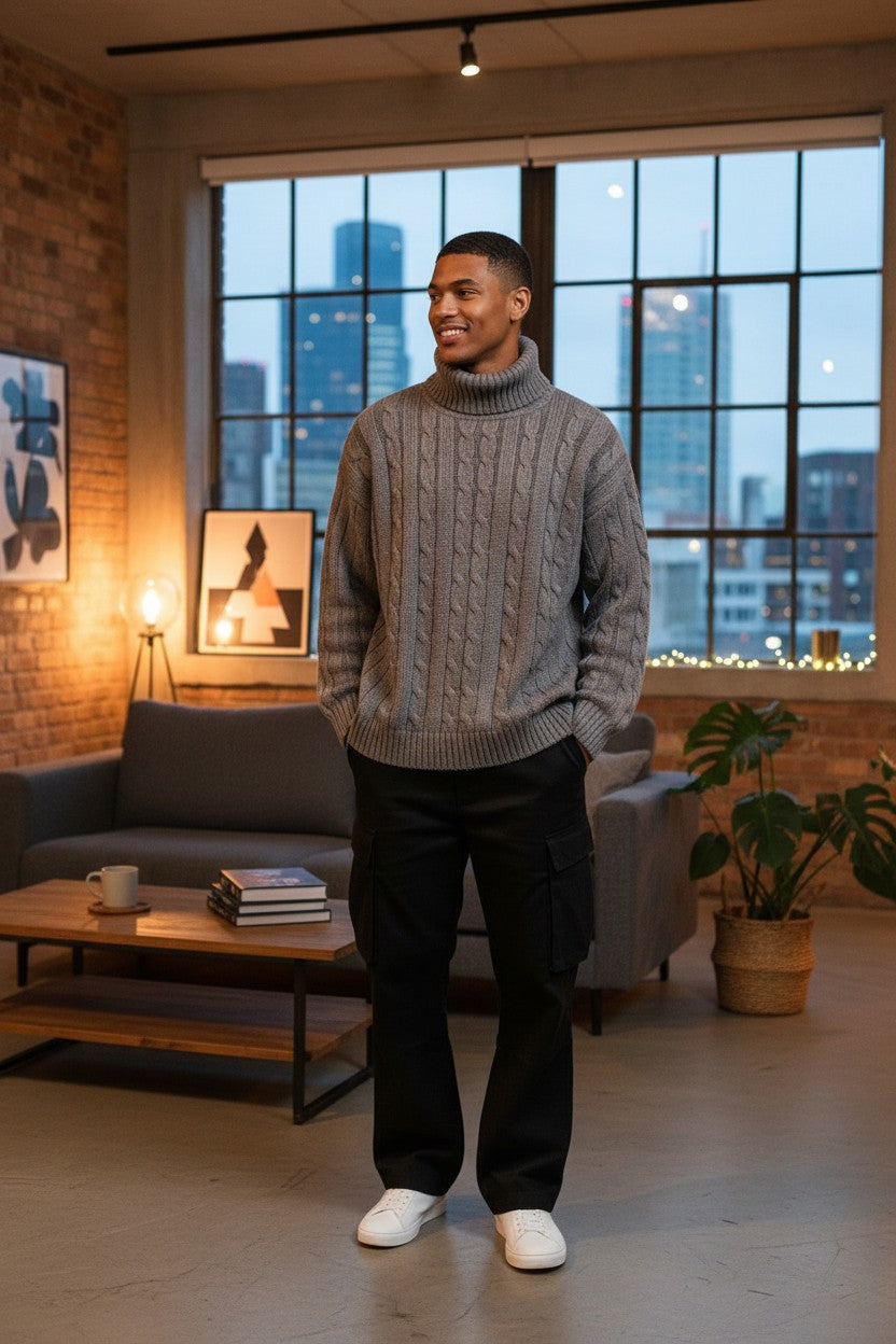 Urban Fashion & Streetwear | Craftklart men's grey cable-knit turtleneck sweater worn with black cargo trousers