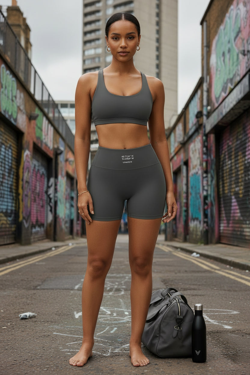 Urban Fashion & Streetwear | Craftklart high-waisted grey compression yoga shorts with coordinates print