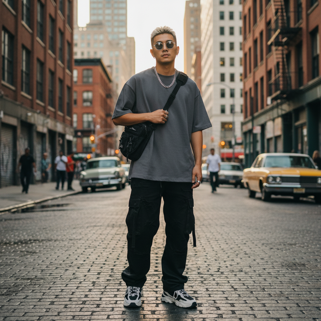 Urban Fashion & Streetwear | Craftklart unisex grey cotton t-shirt worn by a man with a crossbody bag on a city street