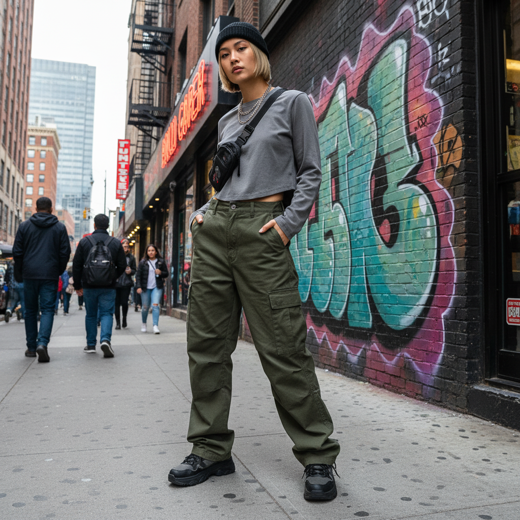 Urban Fashion & Streetwear | Craftklart grey long-sleeve crop top worn by a model in a city street with graffiti.