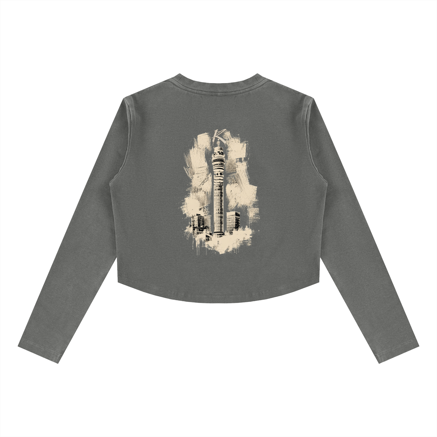 Urban Fashion & Streetwear | Craftklart vintage wash grey long sleeve slim crop t-shirt with back tower graphic print