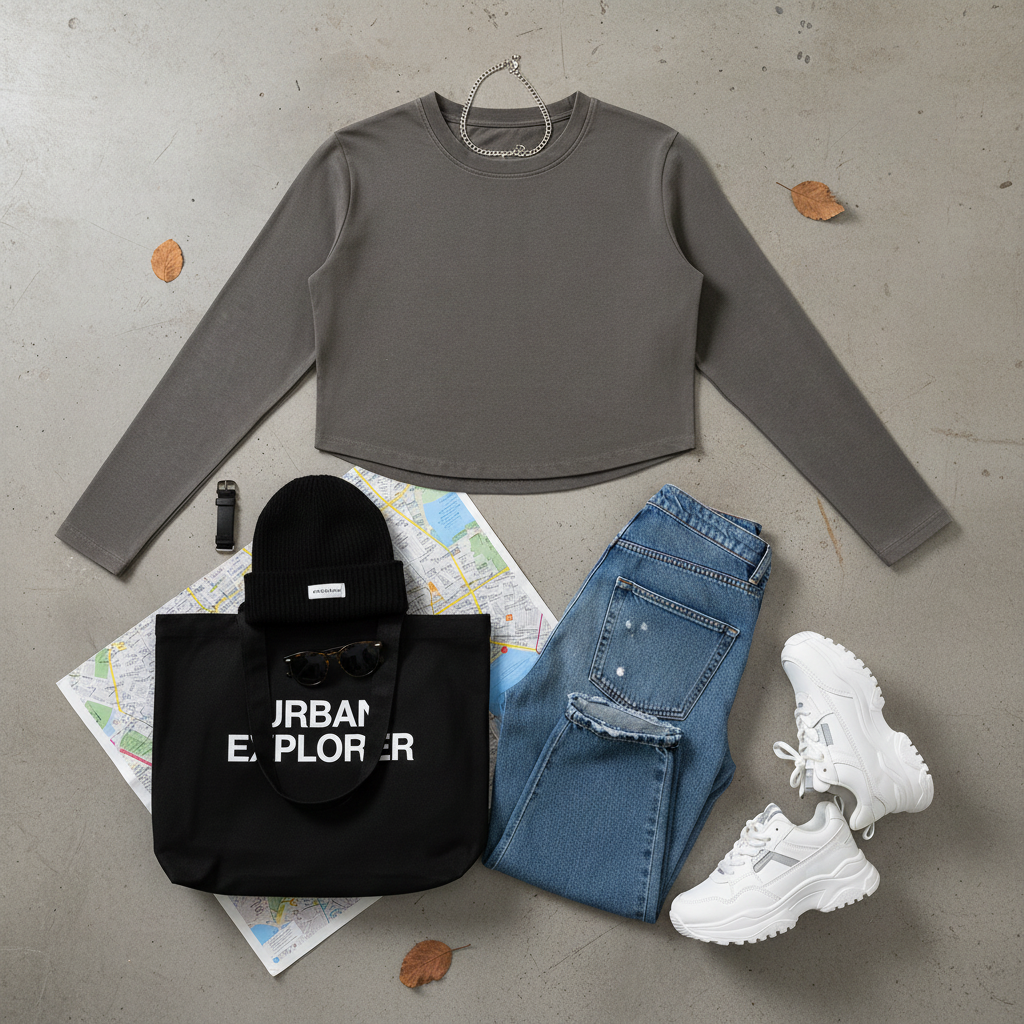 Urban Fashion & Streetwear | Craftklart long sleeve crop top in grey, styled with jeans, beanie, and tote bag.