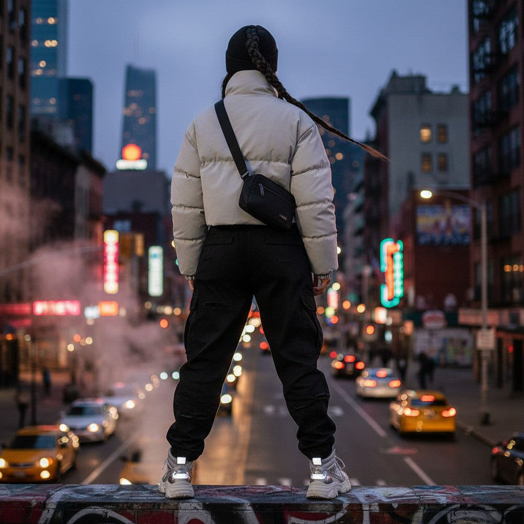 Urban Fashion & Streetwear | Craftklart cropped puffer jacket in light grey worn by a woman on a city rooftop at dusk.