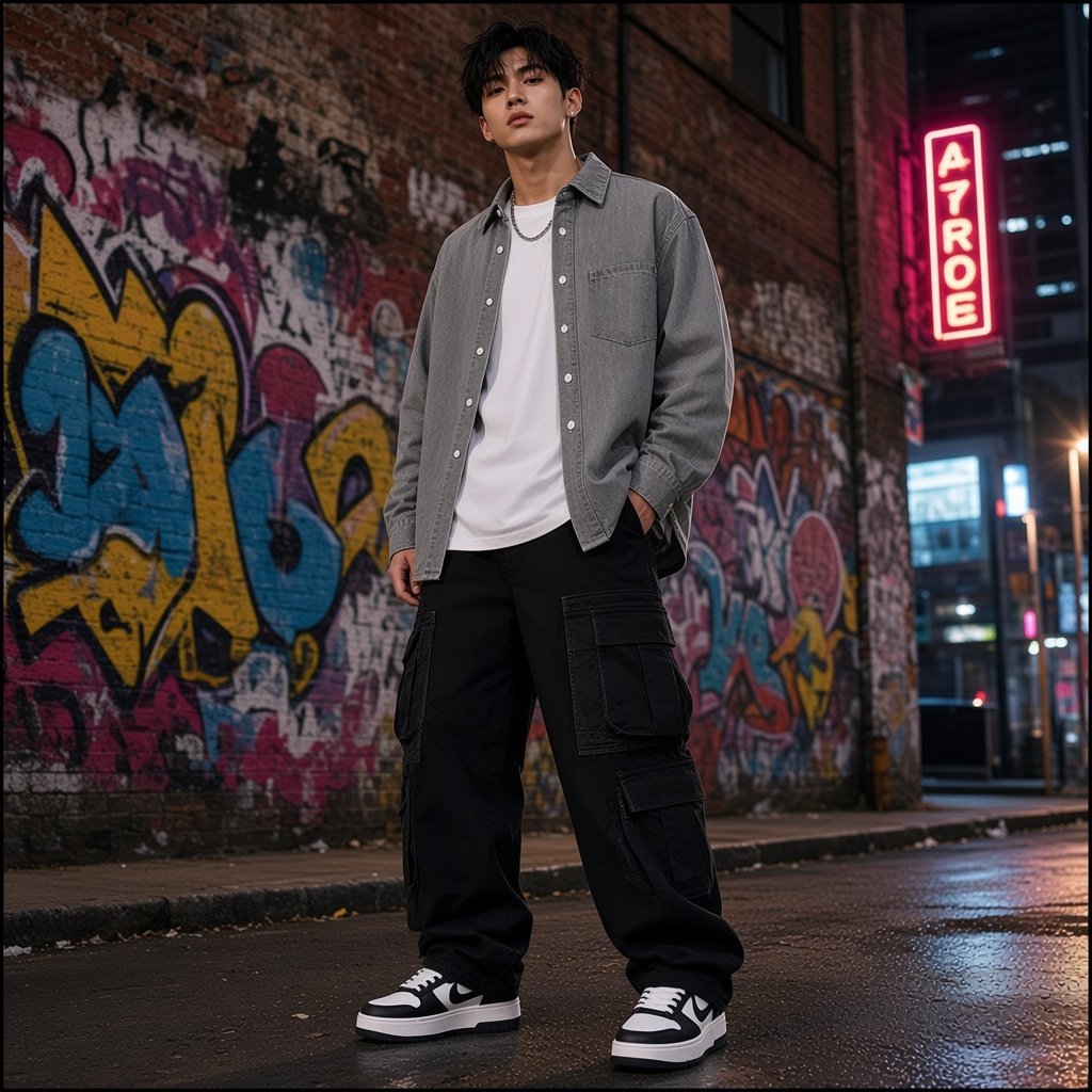 Urban Fashion & Streetwear | Craftklart unisex grey washed denim shirt worn by a man in a city alleyway.