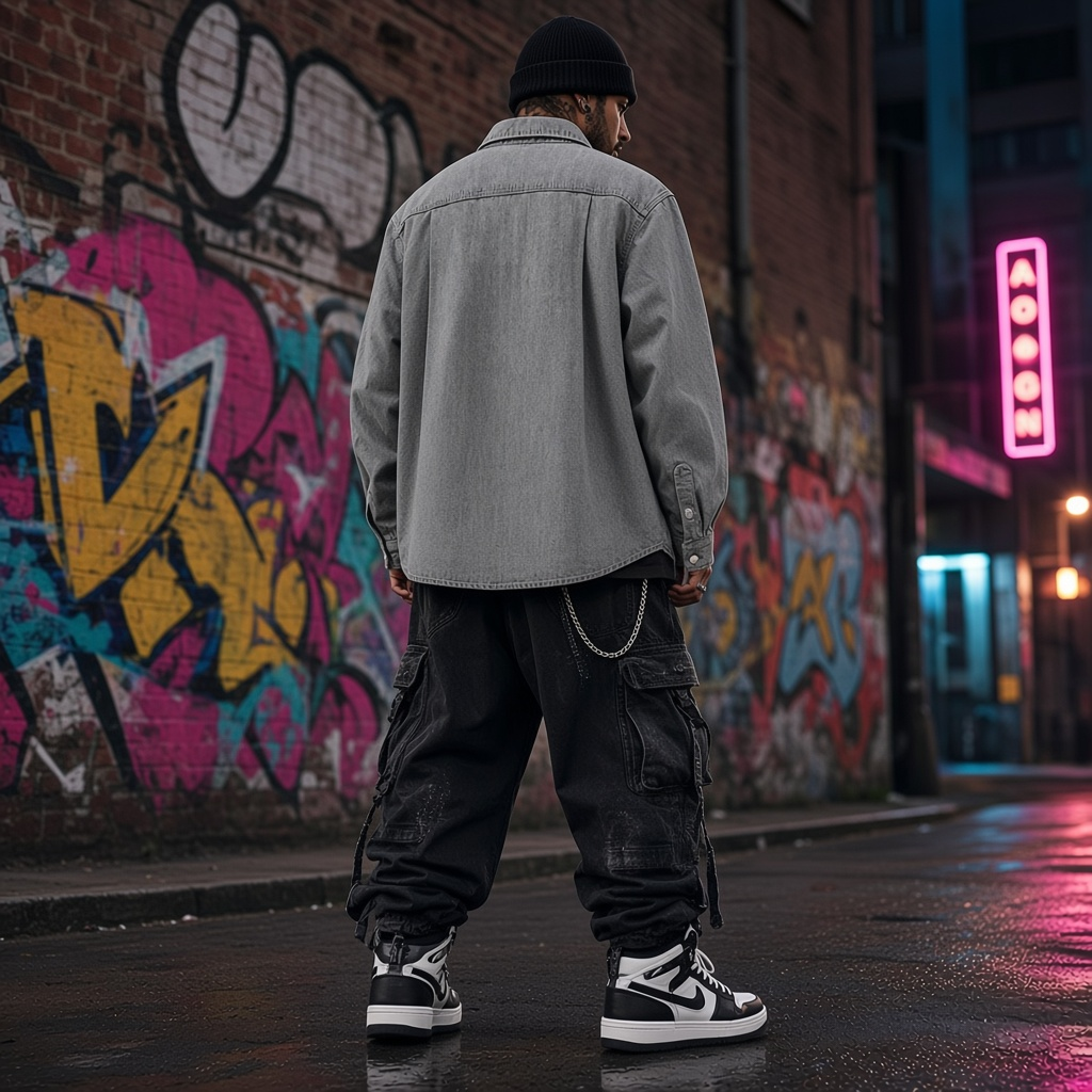 Urban Fashion & Streetwear | Craftklart unisex grey washed denim shirt with a loose fit, worn by a model in an alley.