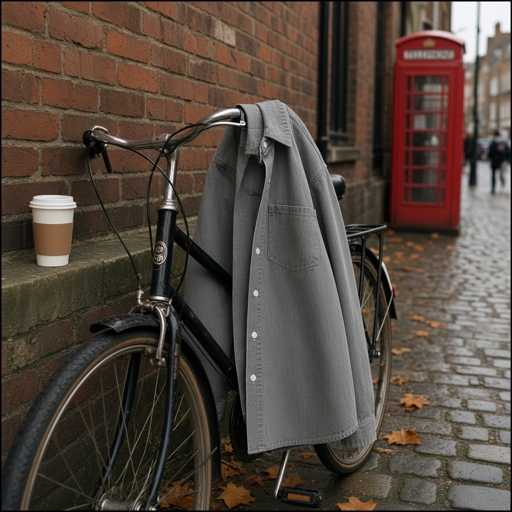 Urban Fashion & Streetwear | Craftklart grey denim shirt draped over a bicycle on a cobblestone street in London.