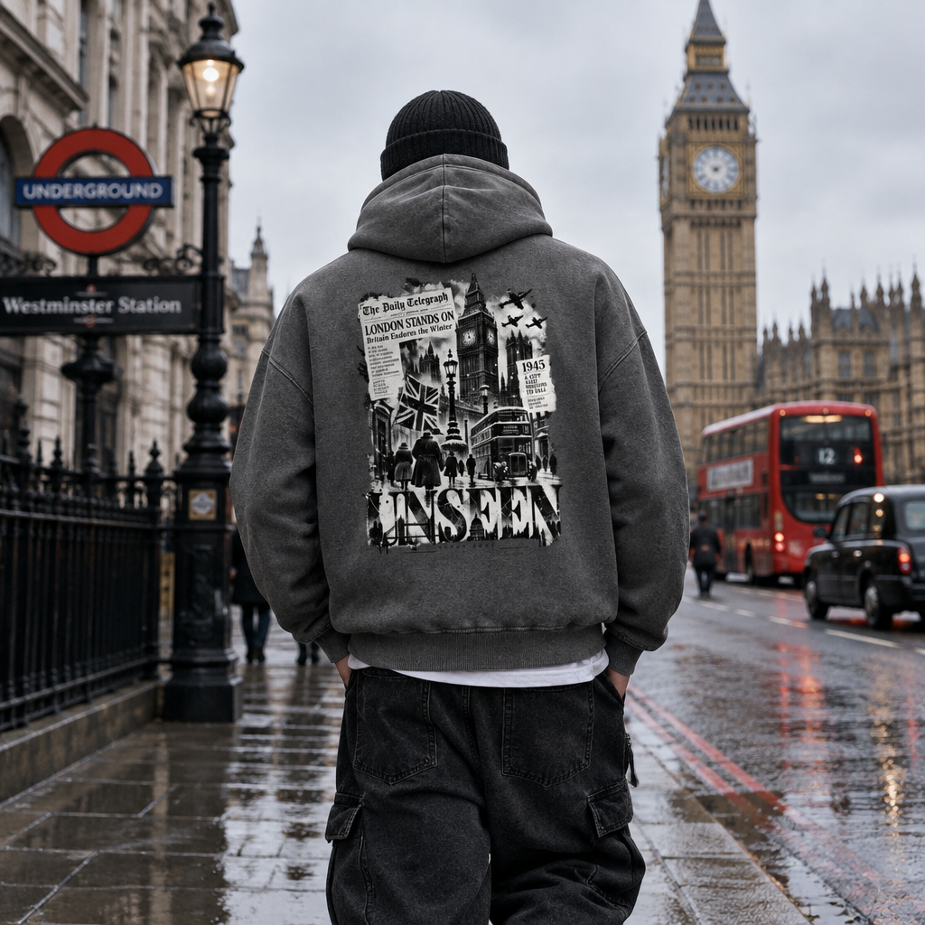 Urban Fashion & Streetwear | Craftklart grey distressed boxy hoodie with London-themed graphic print on the back.