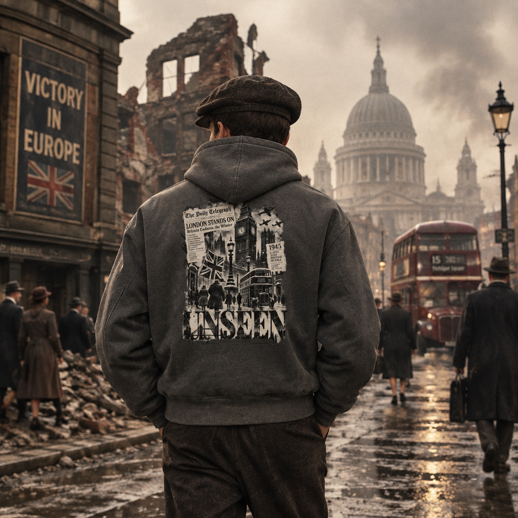 Urban Fashion & Streetwear | Craftklart grey distressed boxy hoodie with vintage London graphic on the back