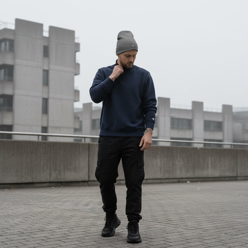A man wearing a grey Urban Fashion & Streetwear | Craftklart embroidered beanie with a snug, form-fitting design.