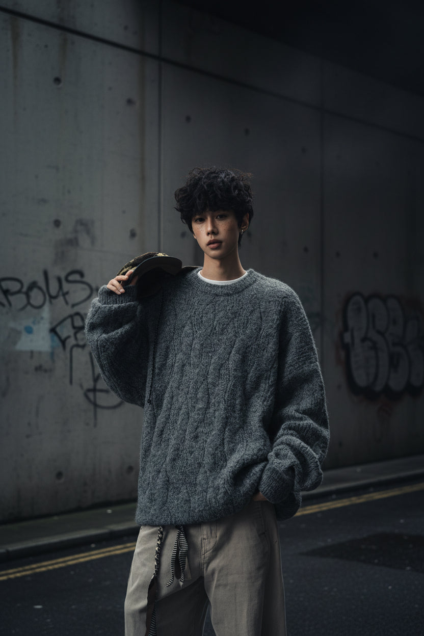 A man wearing an Urban Fashion & Streetwear | Craftklart oversized grey textured knit crewneck sweater with dropped shoulders.