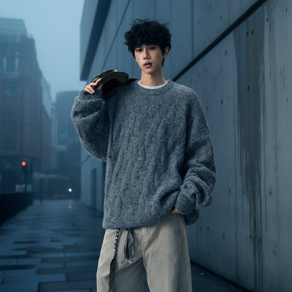 Urban Fashion & Streetwear | Craftklart oversized grey textured knit crewneck sweater worn by a male model