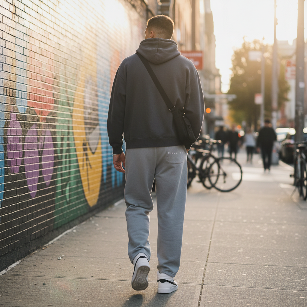 Urban Fashion & Streetwear | Craftklart unisex mineral wash straight sweatpants in grey worn by a man on a city street
