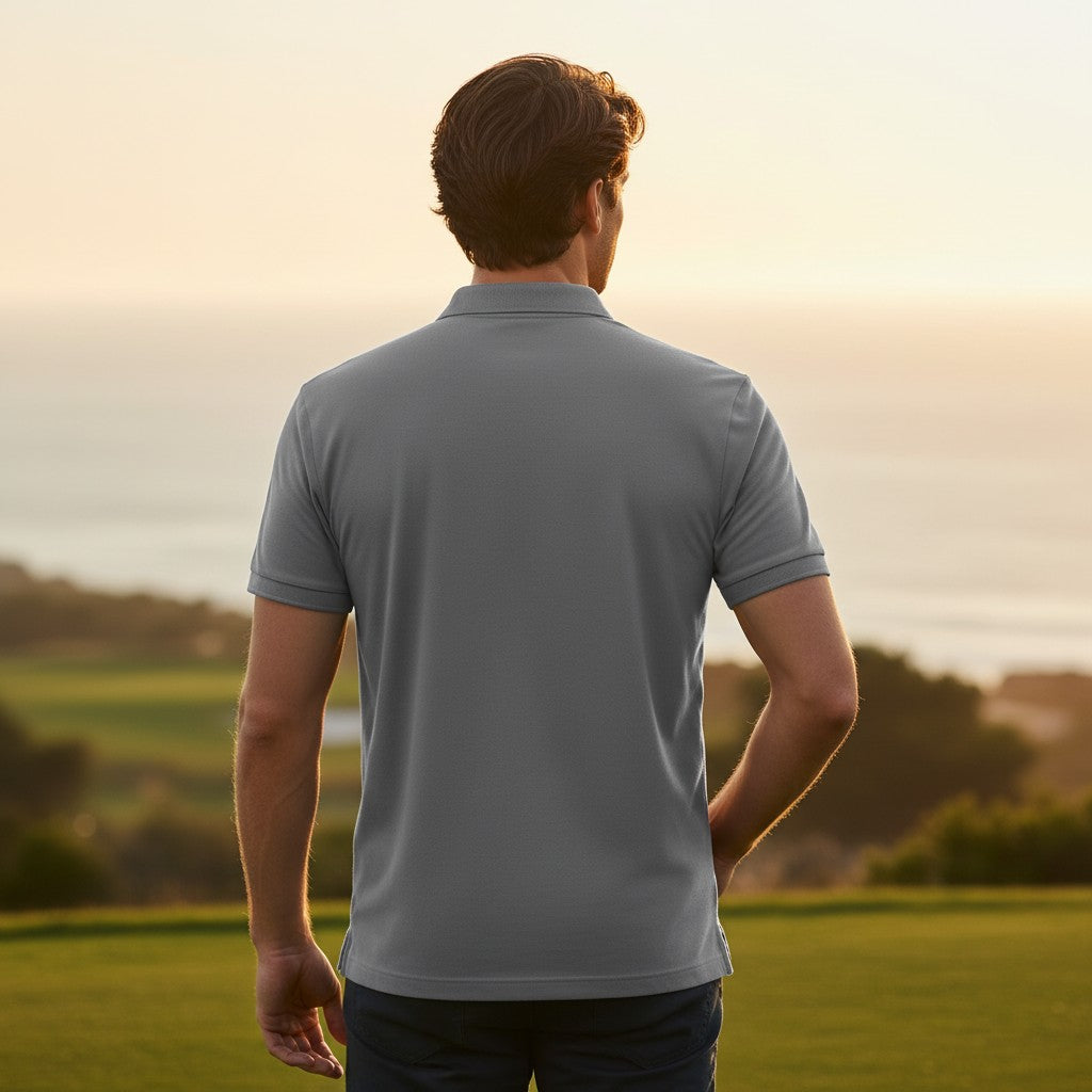 Back view of a man wearing a grey Urban Fashion & Streetwear | Craftklart performance polo shirt on a golf course
