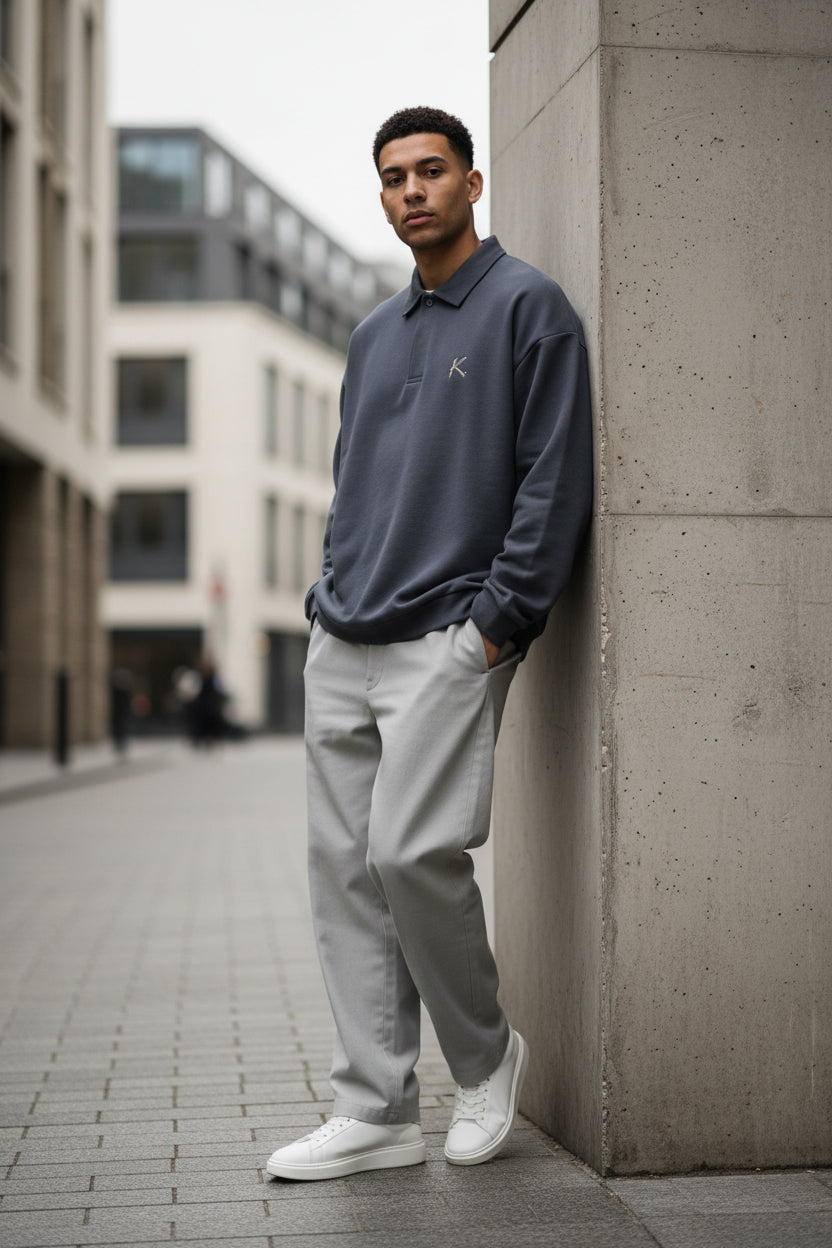 Urban Fashion & Streetwear | Craftklart dark grey men's half-placket polo collar sweatshirt with embroidered logo