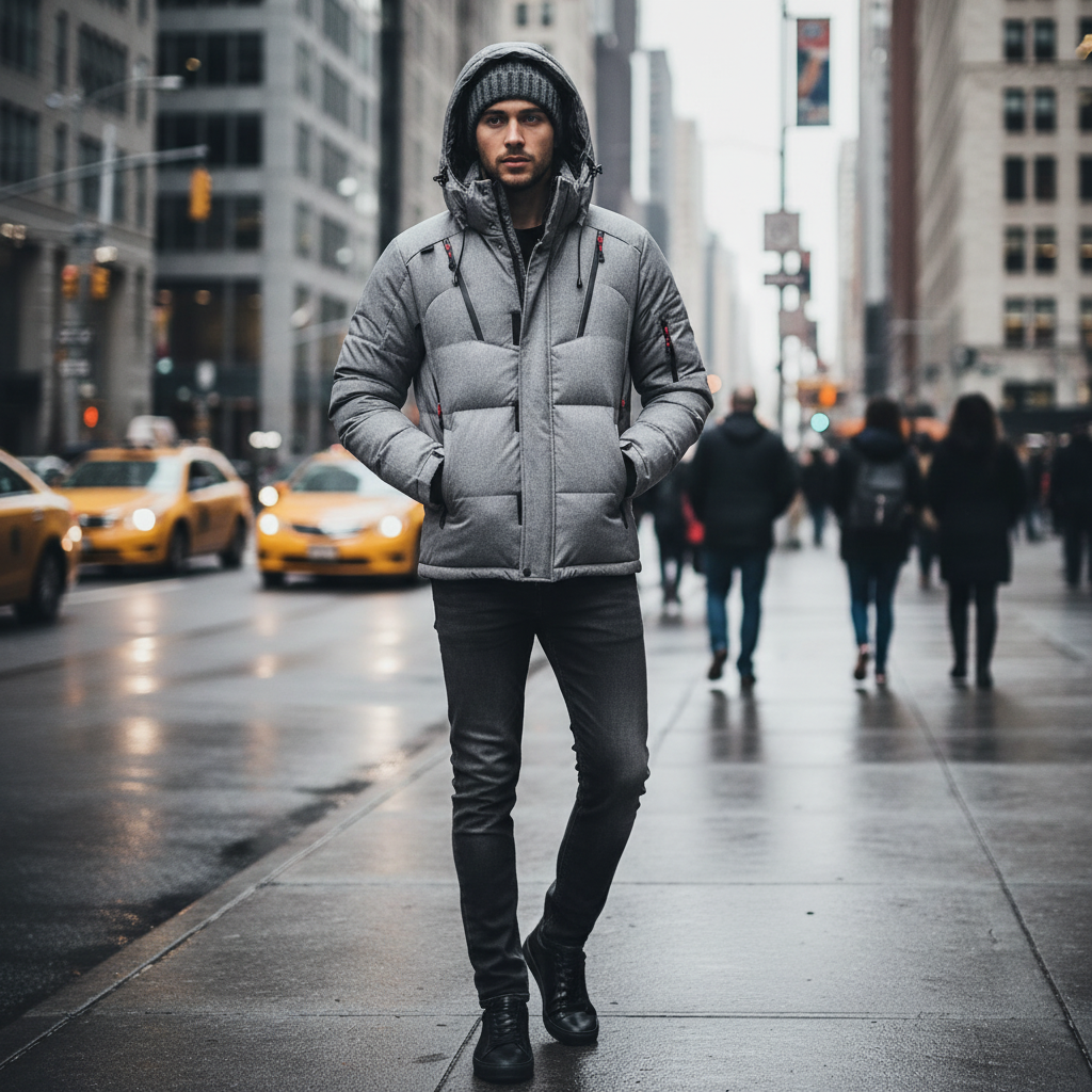 Man wearing a grey Urban Fashion & Streetwear | Craftklart insulated puffer jacket with a hood on a city street.