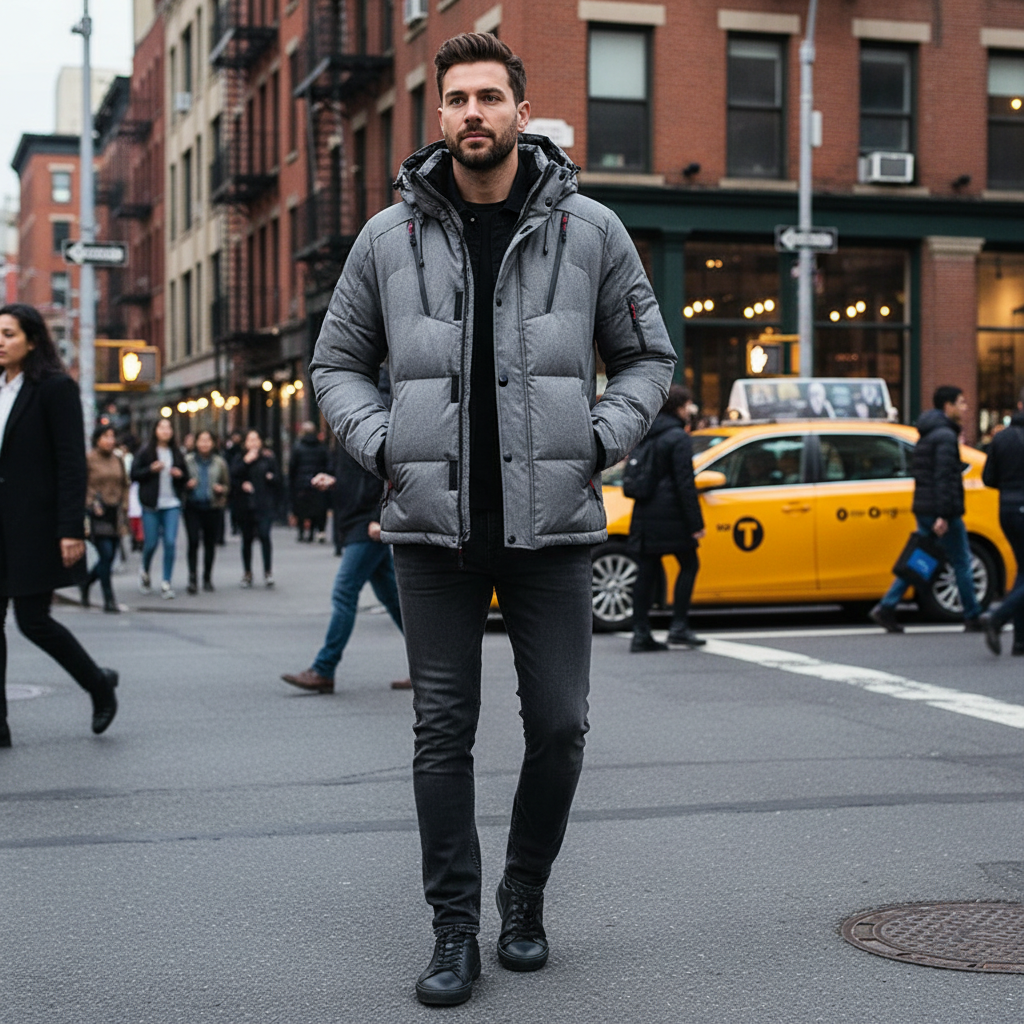 Urban Fashion & Streetwear | Craftklart grey insulated puffer jacket with hood worn by a man on a city street