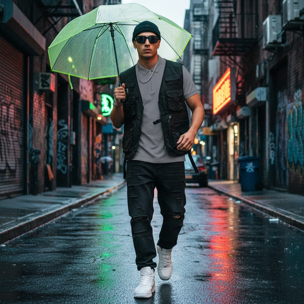 Urban Fashion & Streetwear | Craftklart men's grey quarter-zip performance polo shirt worn under a tactical vest