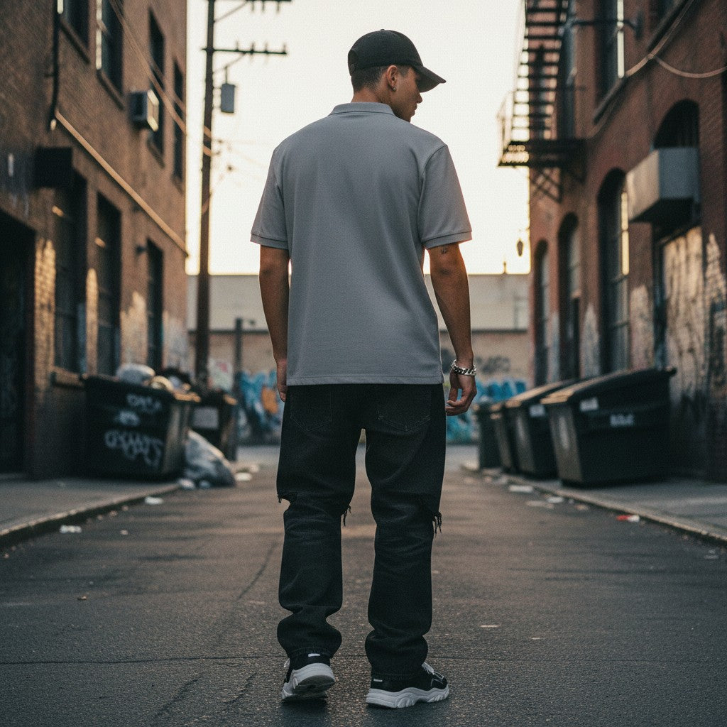 A man wearing a grey Urban Fashion & Streetwear | Craftklart quarter-zip polo shirt in an urban alleyway.