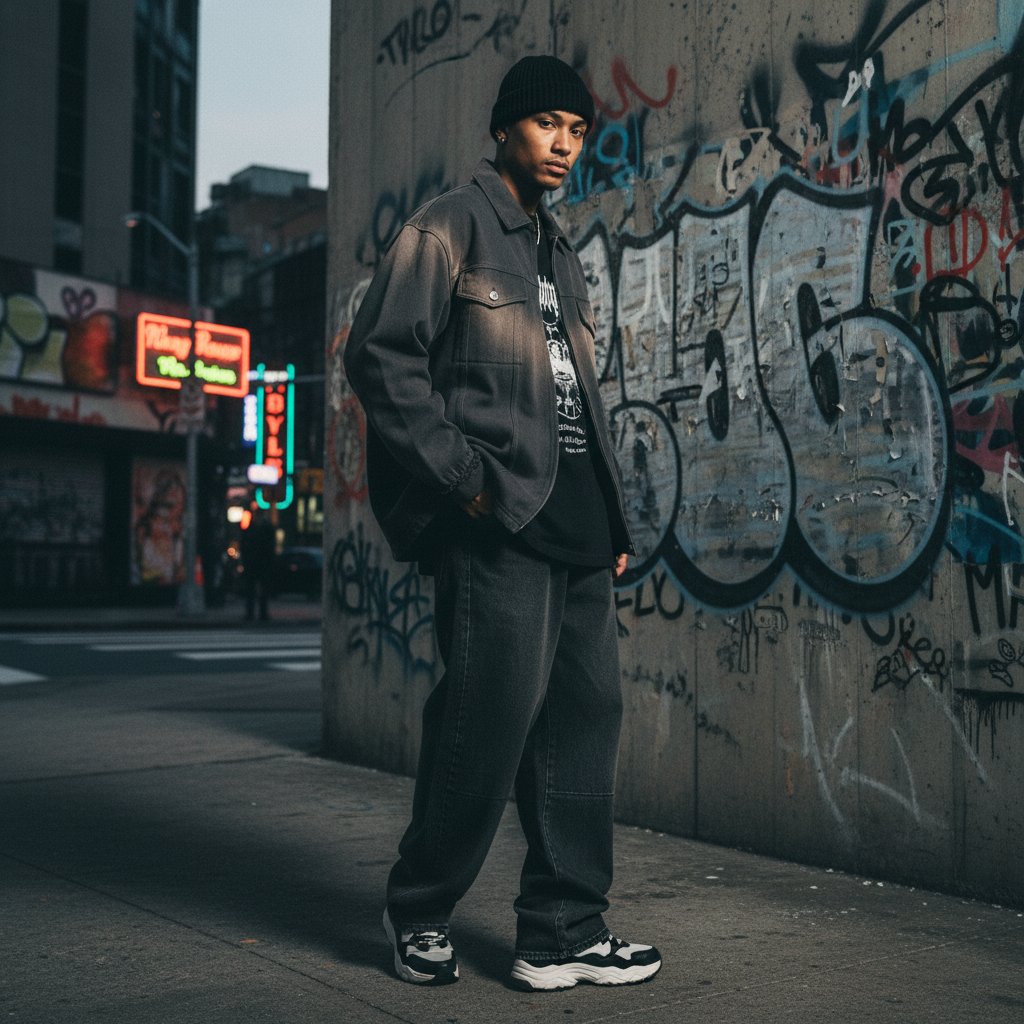 Urban Fashion & Streetwear | Craftklart model in a sun-faded grey quarter-zip sweatshirt and baggy denim on city street