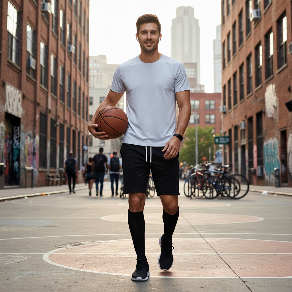 Urban Fashion & Streetwear | Craftklart men's grey raglan training t-shirt with reflective details on a basketball court