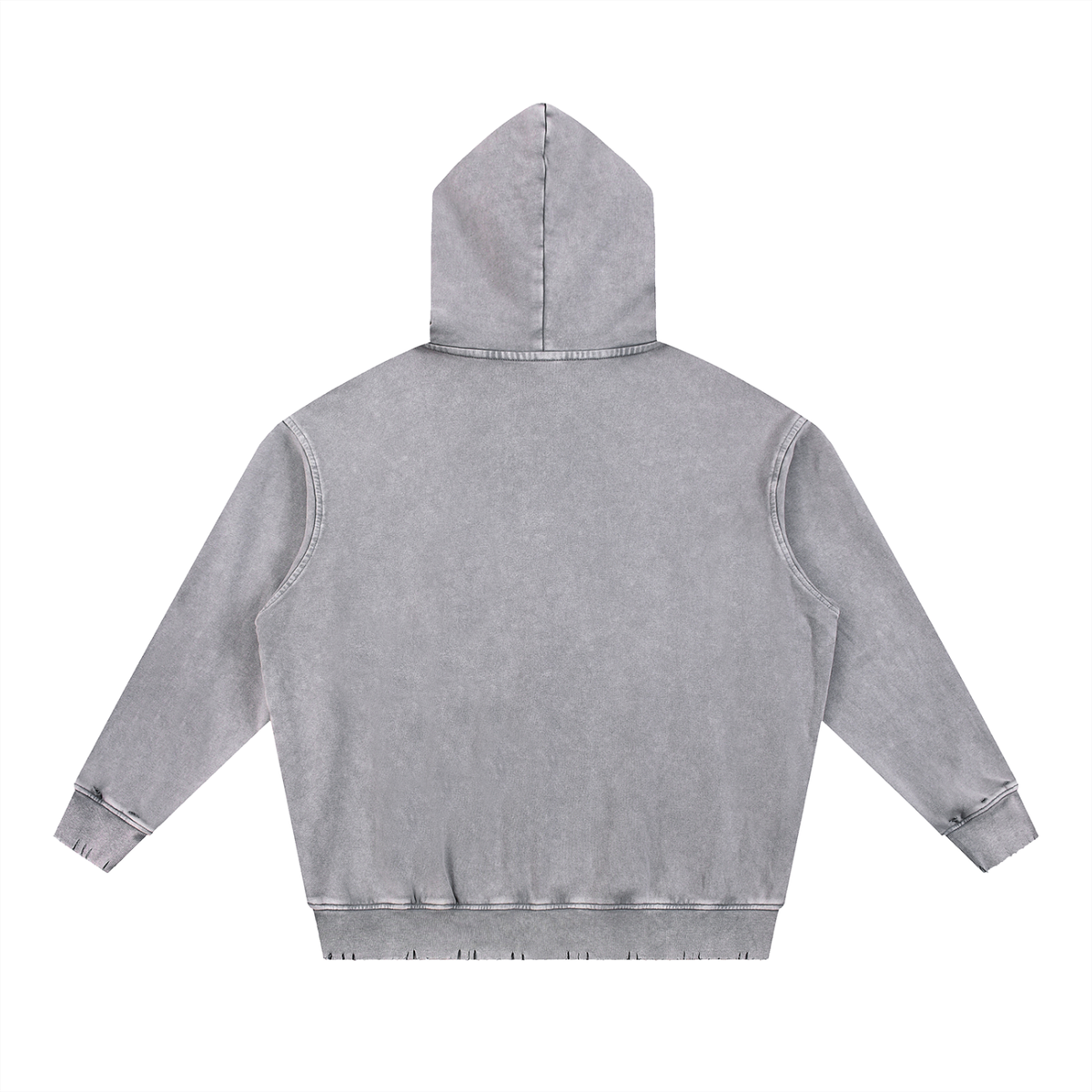 Back view of a grey snow wash heavyweight cotton hoodie by Urban Fashion & Streetwear | Craftklart with frayed hem.