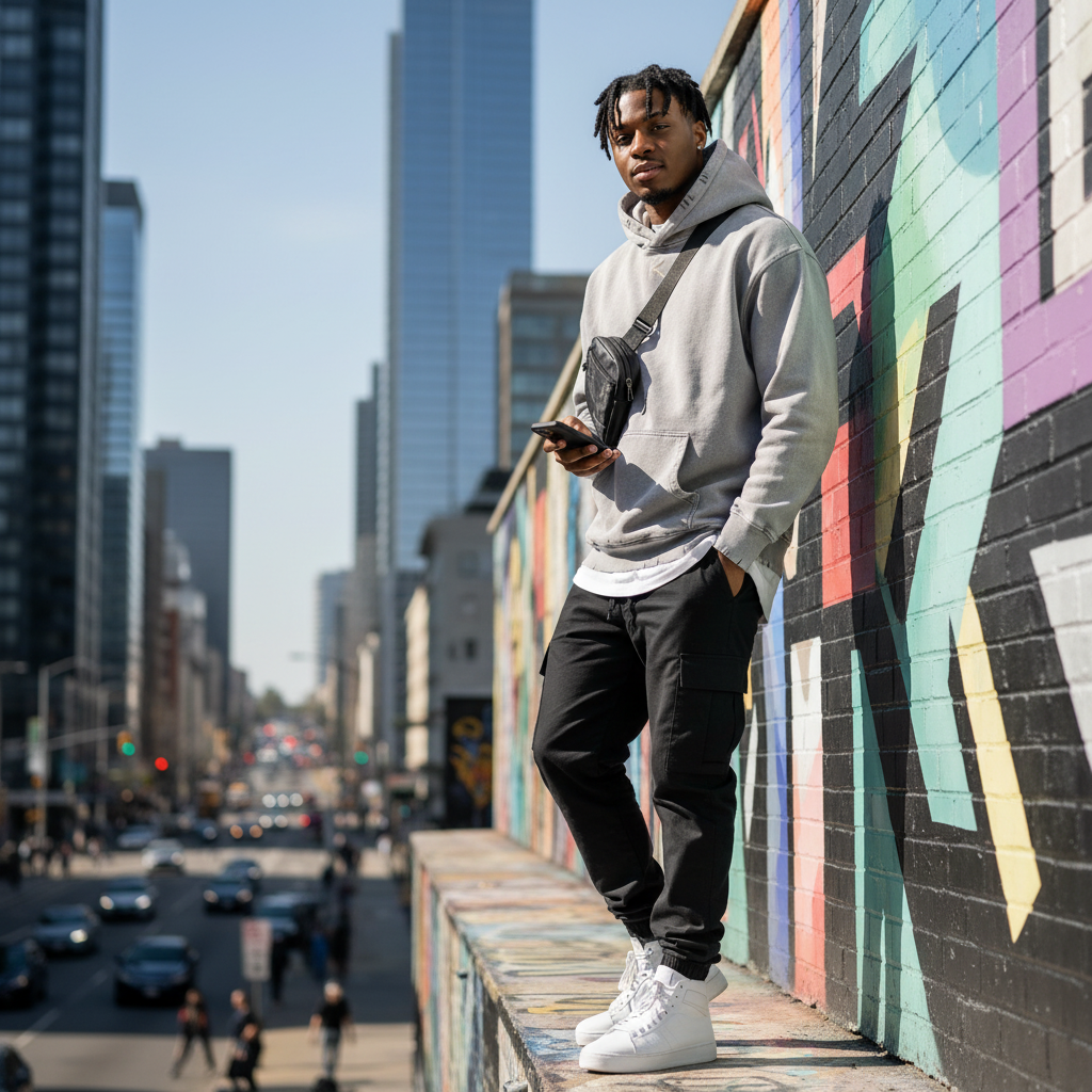 A man wearing an Urban Fashion & Streetwear | Craftklart heavyweight snow wash hoodie with drop shoulders and frayed details, styled with black cargo pants and white sneakers against a vibrant graffiti wall in a city setting.