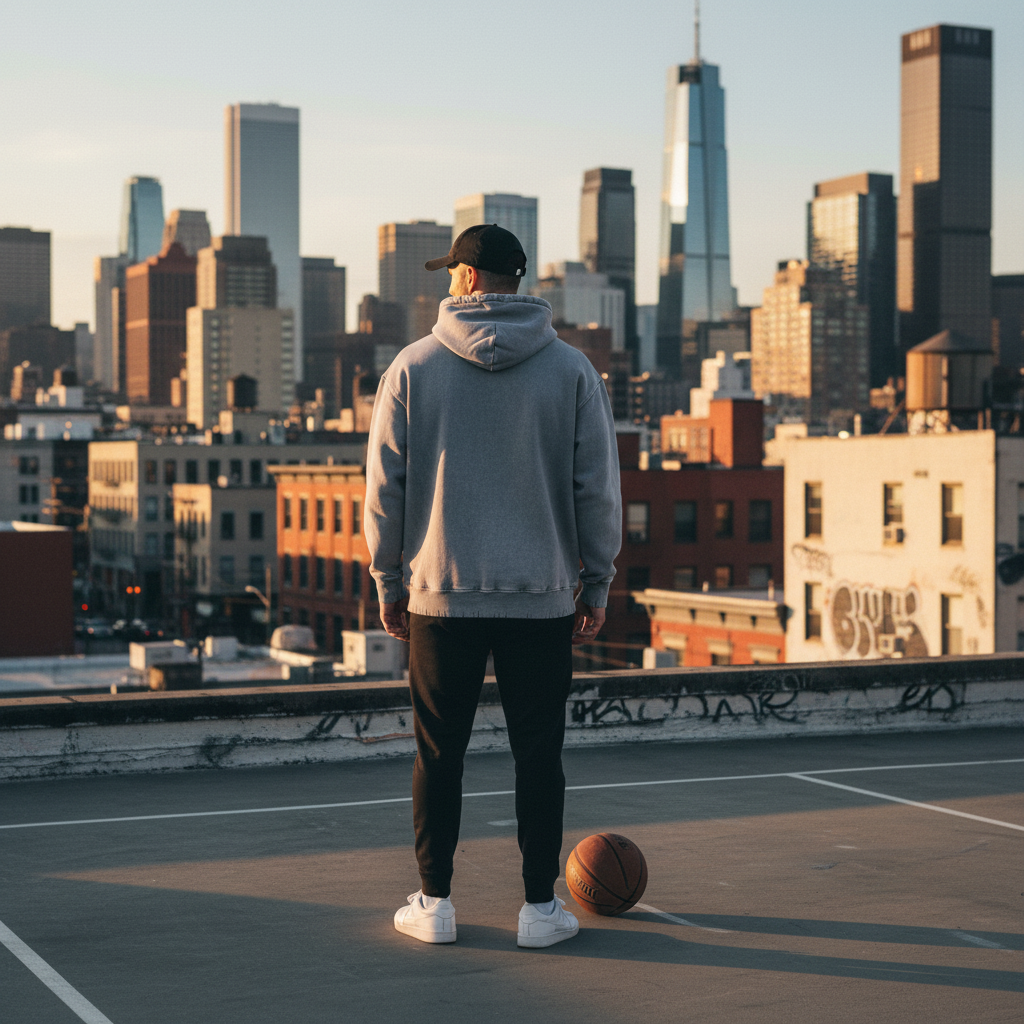 Man wearing Urban Fashion & Streetwear | Craftklart grey snow wash heavyweight cotton hoodie on a city rooftop.
