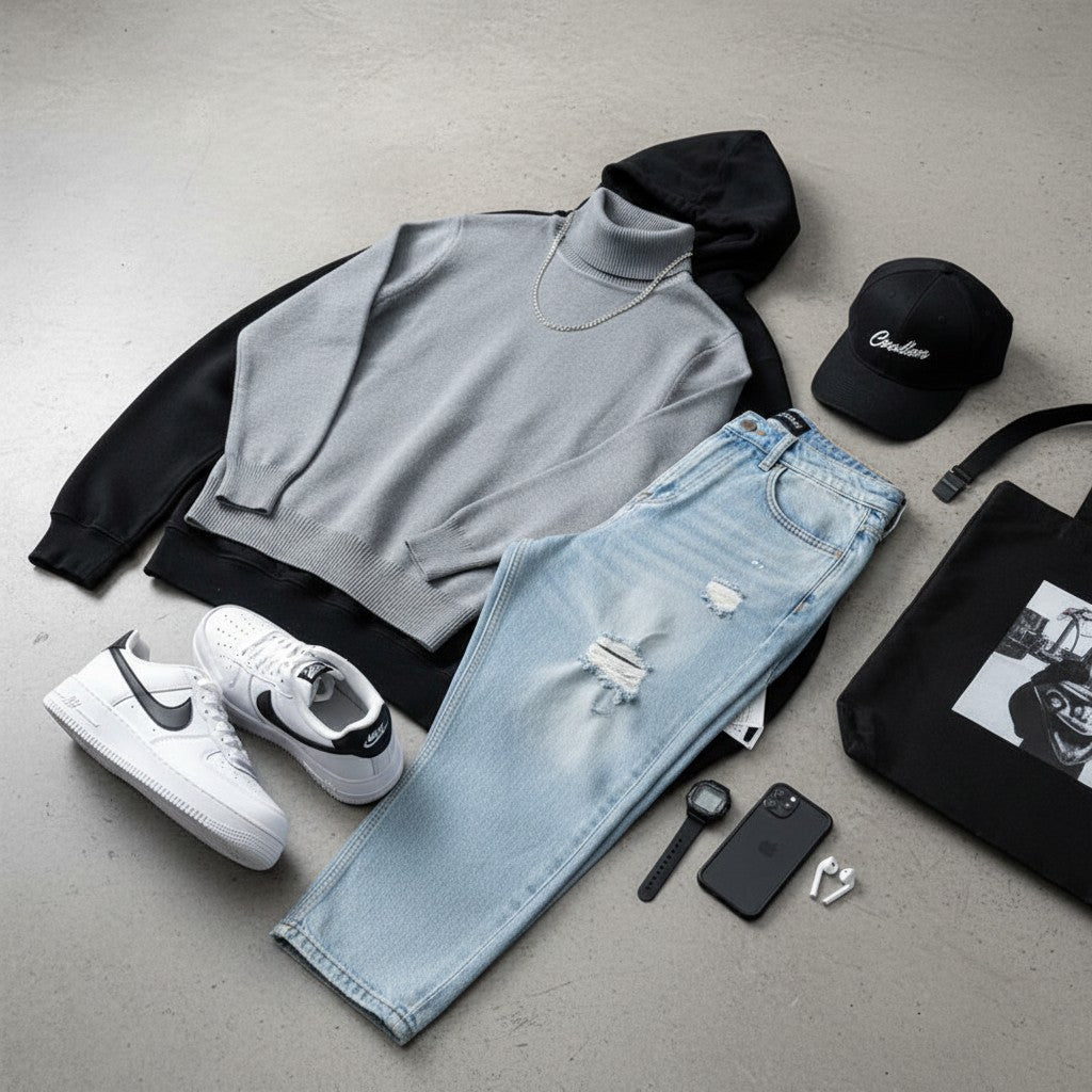 Urban Fashion & Streetwear | Craftklart grey ribbed turtleneck sweater styled with distressed jeans and sneakers