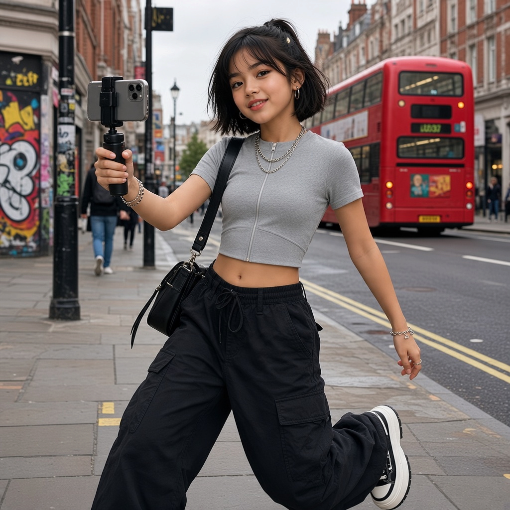 Grey Urban Girl Paneling Full Zip T-Shirt by ODMPOD featuring a zip-up crop top with paneling and streetwear style.