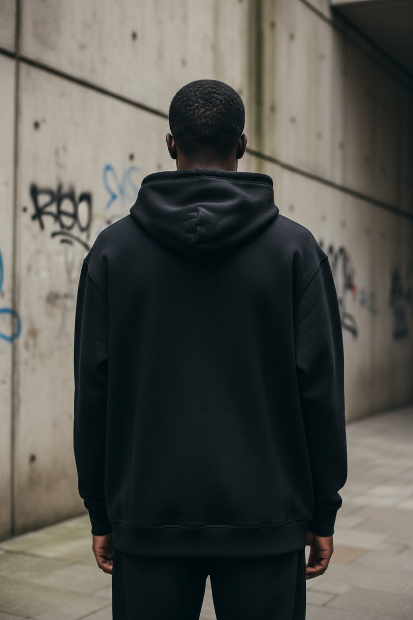 Black UK Underground Organic Cotton Hoodie by Craftklart, unisex pullover with side pockets and streetwear style.
