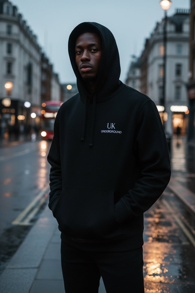 Black UK Underground Organic Cotton Hoodie by Urban Fashion & Streetwear, unisex pullover with side pockets.
