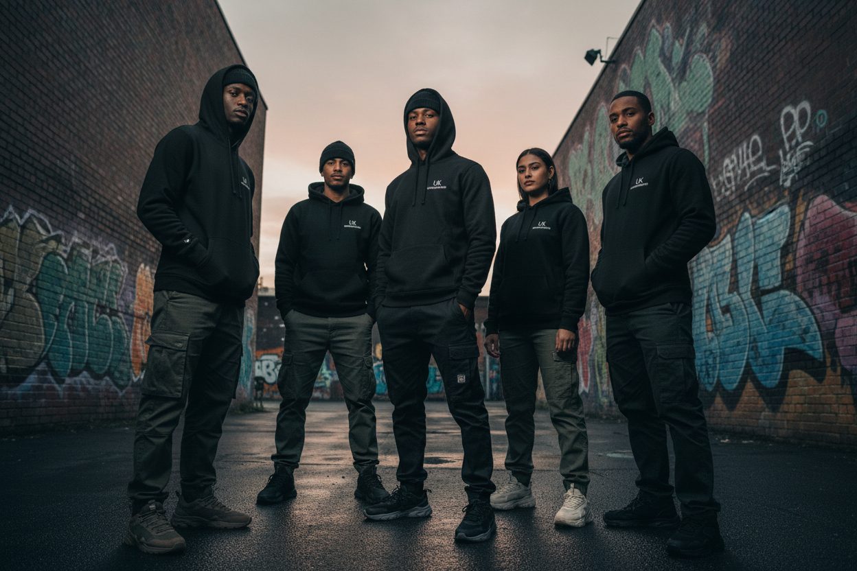 Black UK Underground Organic Cotton Hoodie by Urban Fashion & Streetwear, unisex pullover with side pockets, casual streetwear style.