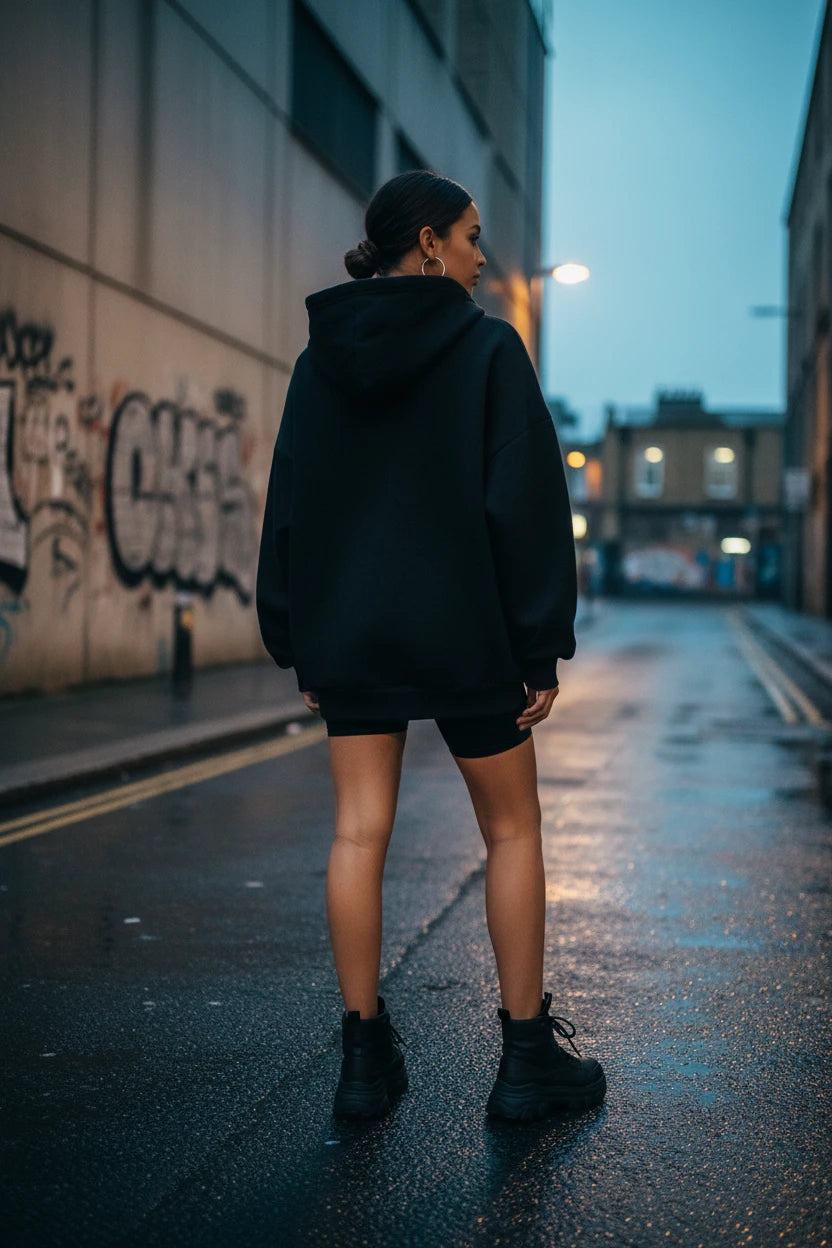 Black 2026 Spring unisex oversized hoodie sweatshirt from Urban Fashion & Streetwear, featuring a relaxed fit and casual style.